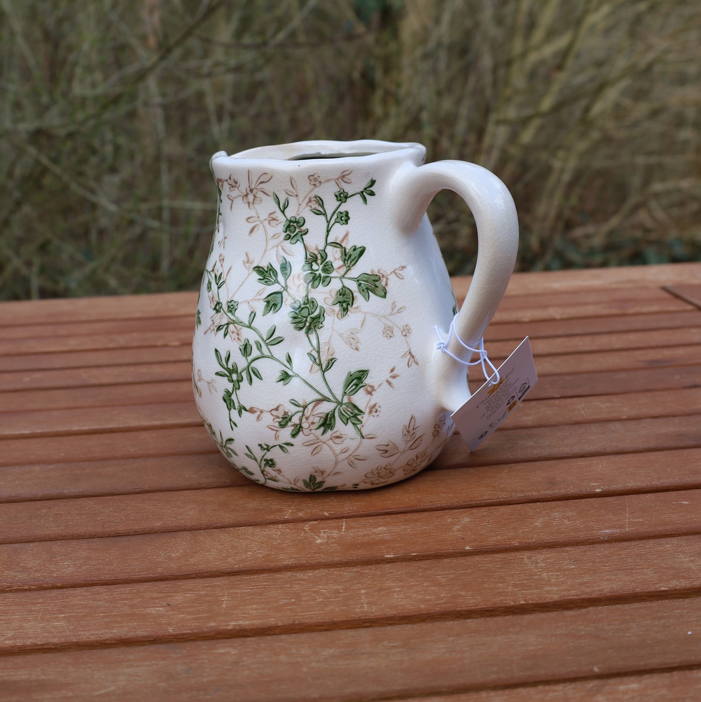Keramikkrug mit Rankenmuster Beige-Grün - Dekorative Vase im Landhausstil