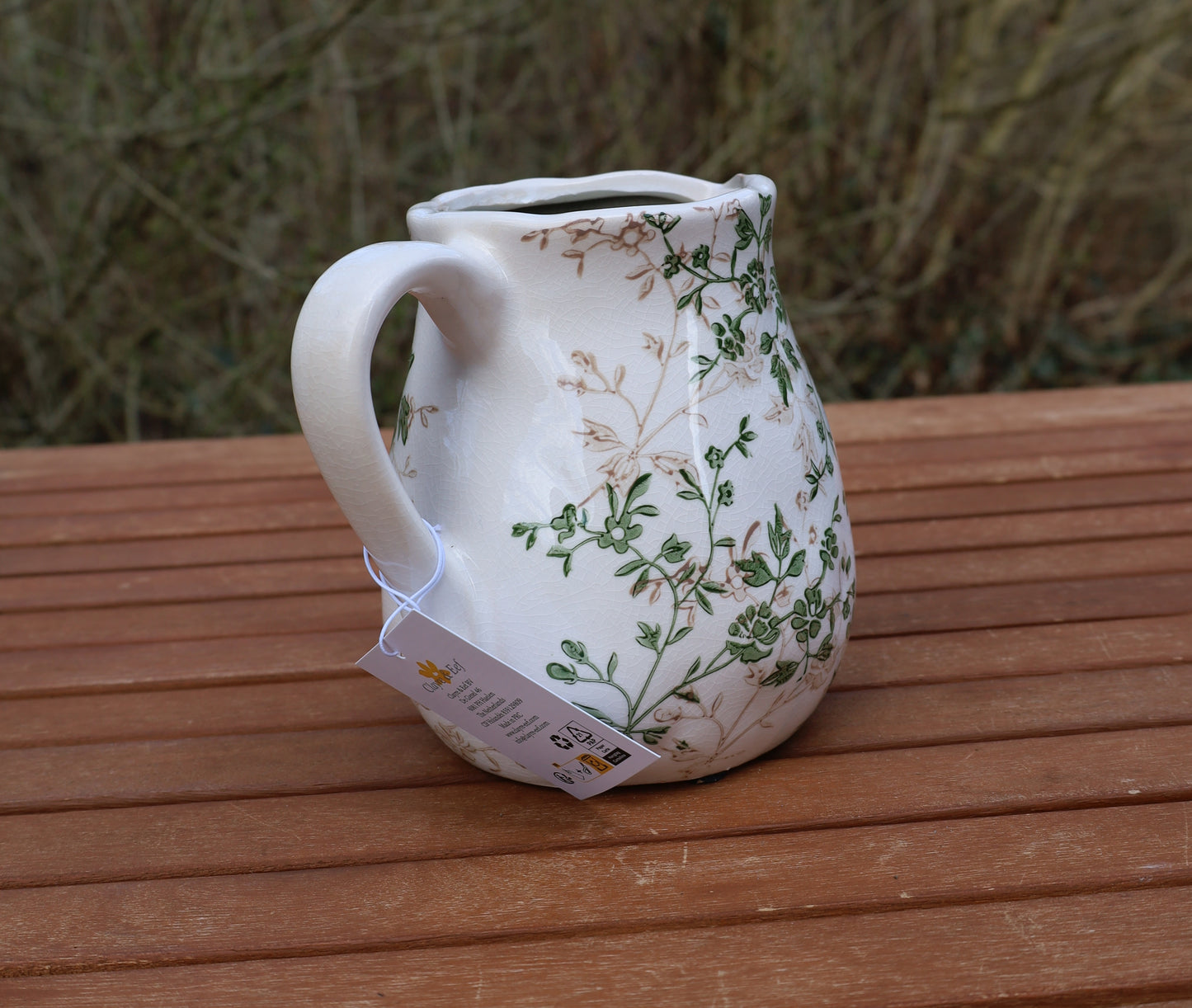 Keramikkrug mit Rankenmuster Beige-Grün - Dekorative Vase im Landhausstil