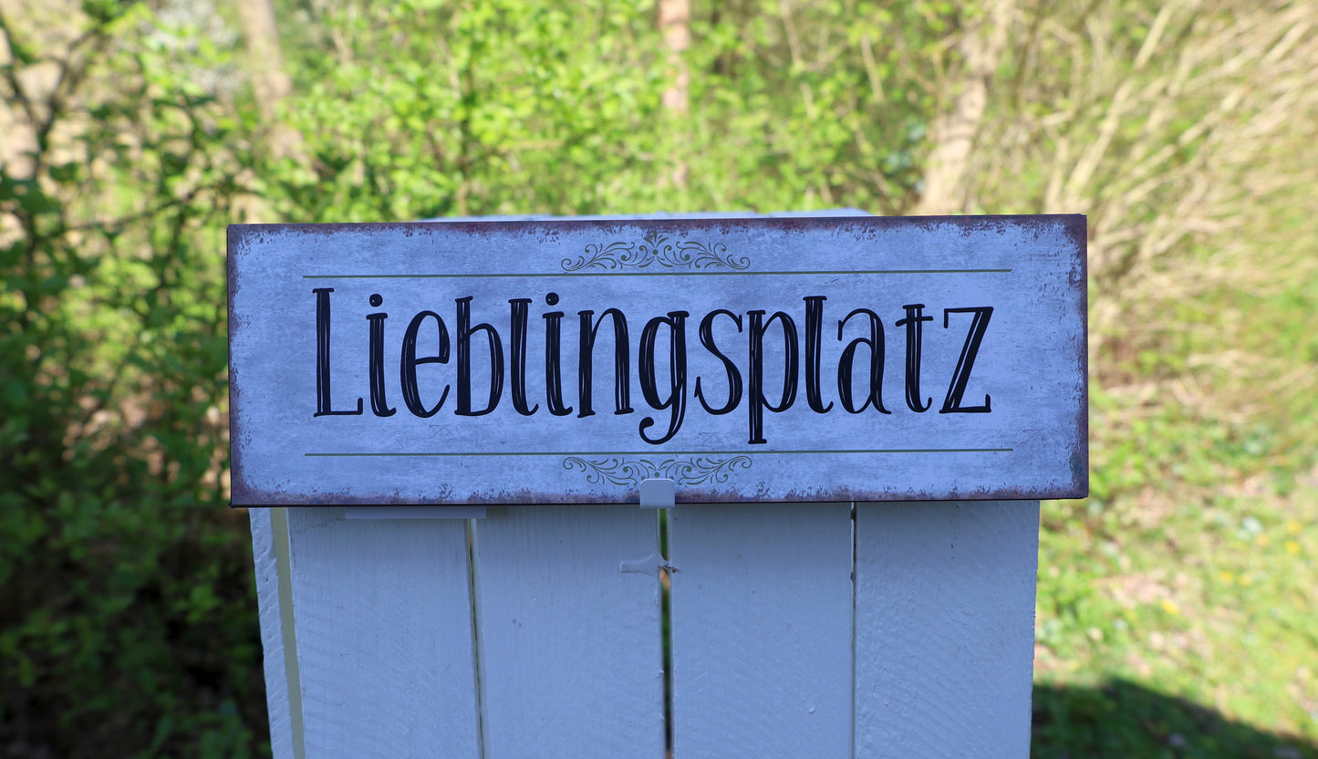 Metall-Schild Lieblingsplatz 30x10 cm - Vintage Wandschild Weiß-Schwarz