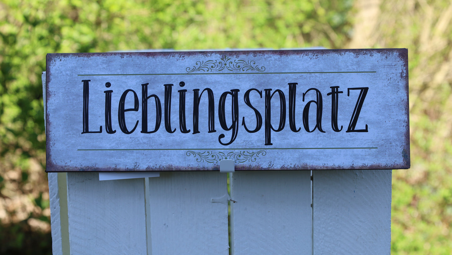 Metall-Schild Lieblingsplatz 30x10 cm - Vintage Wandschild Weiß-Schwarz