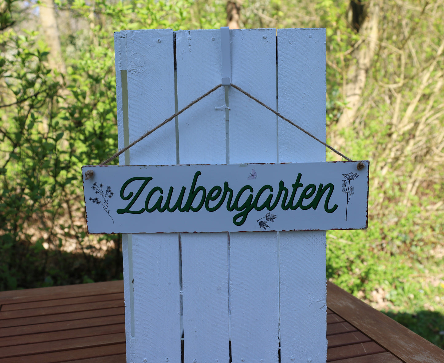 Metallschild Zaubergarten 40x10 cm - Weiß-Grün Gartendeko zum Aufhängen