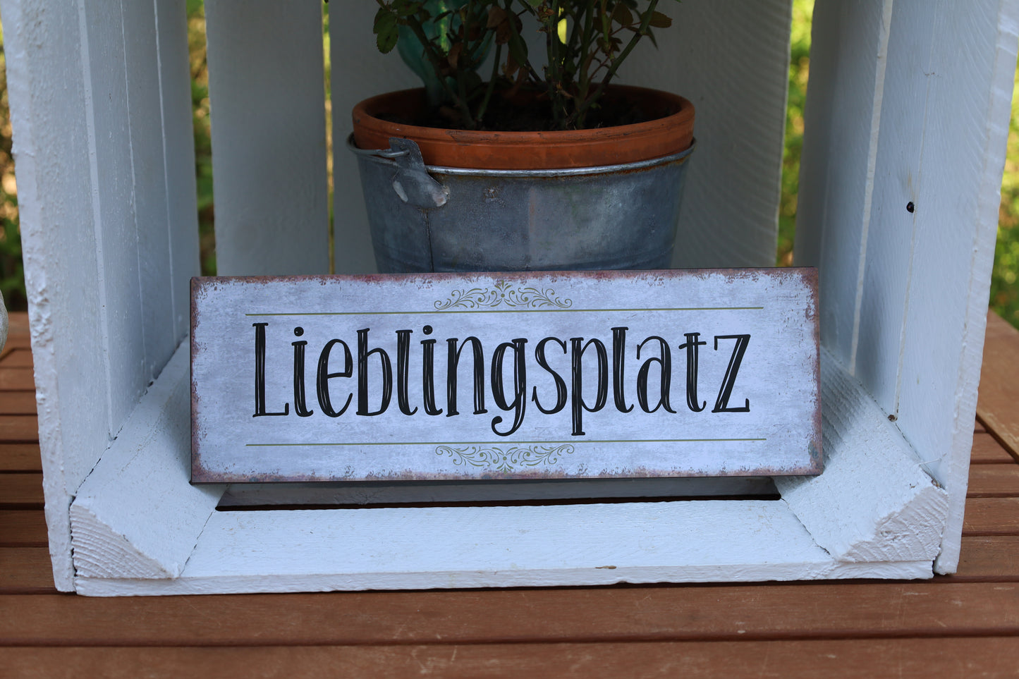 Metall-Schild Lieblingsplatz 30x10 cm - Vintage Wandschild Weiß-Schwarz