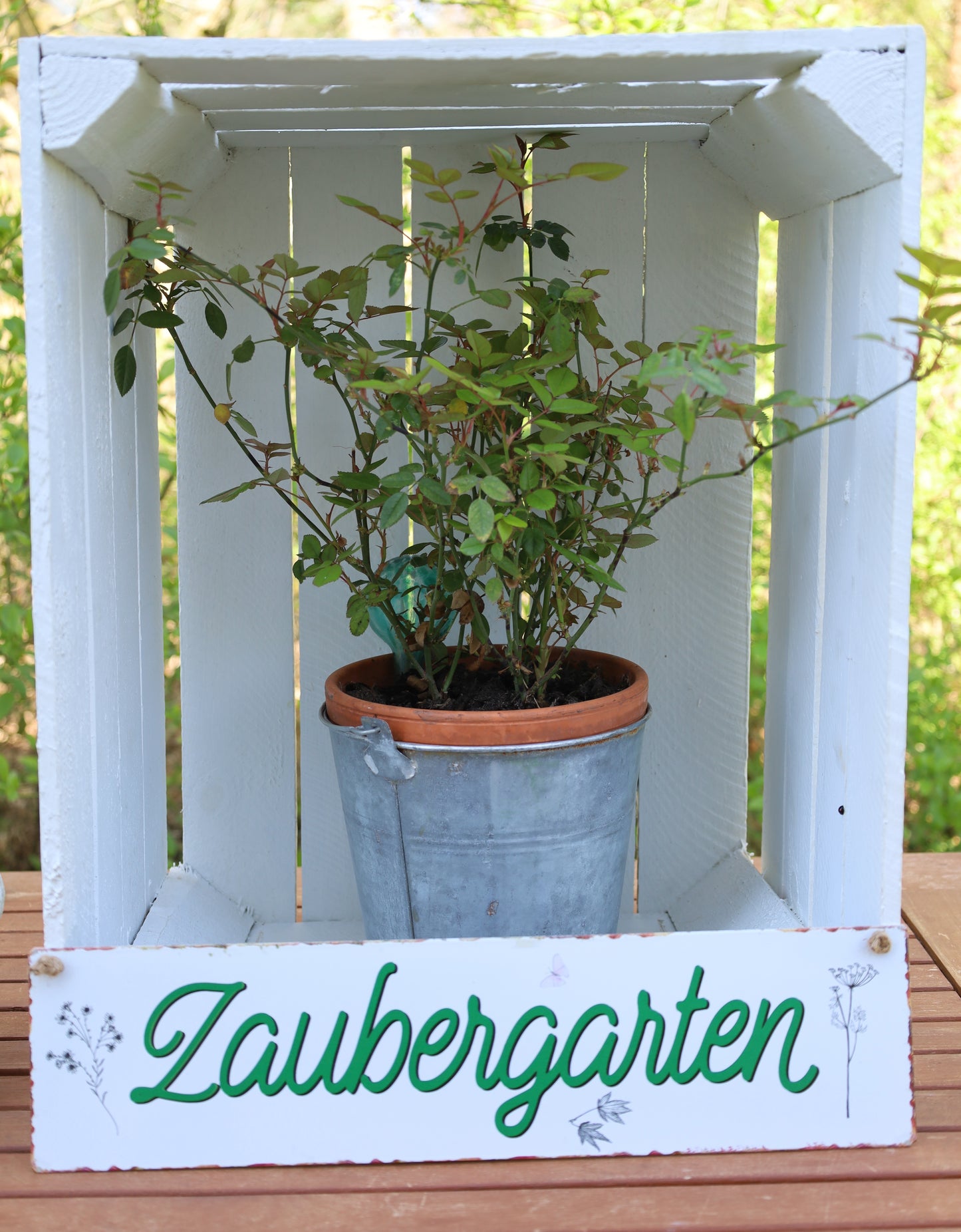 Metallschild Zaubergarten 40x10 cm - Weiß-Grün Gartendeko zum Aufhängen