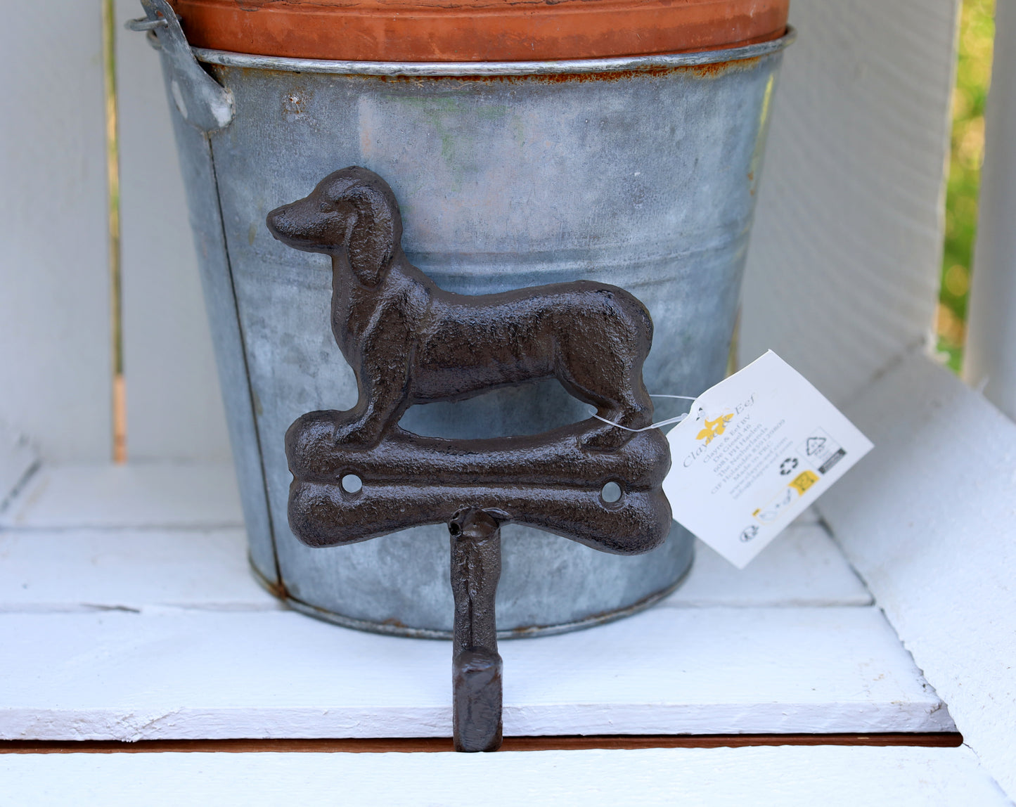 Wandhaken aus Gusseisen, Dackel mit Knochen, Hundegarderobe
