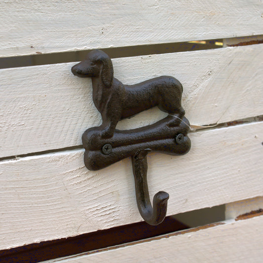 Wandhaken aus Gusseisen, Dackel mit Knochen, Hundegarderobe