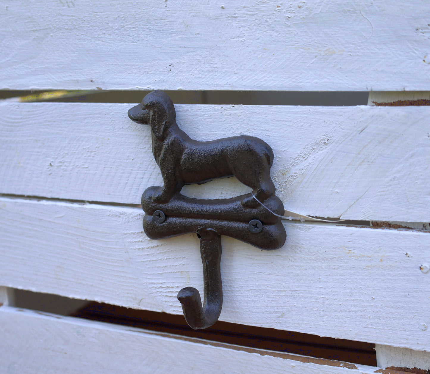 Wandhaken aus Gusseisen, Dackel mit Knochen, Hundegarderobe