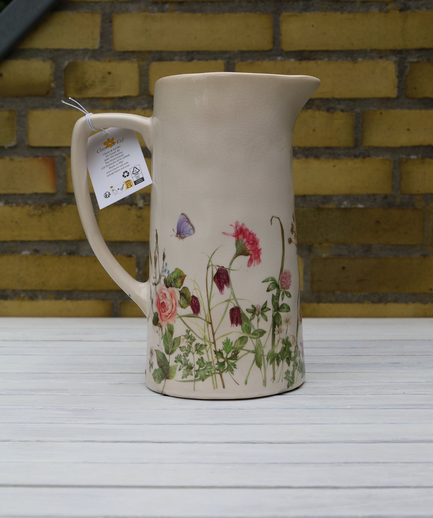 Dekorativer Keramik-Krug mit Wiesenblumen-Motiv - Beige-Rosa Landhausstil