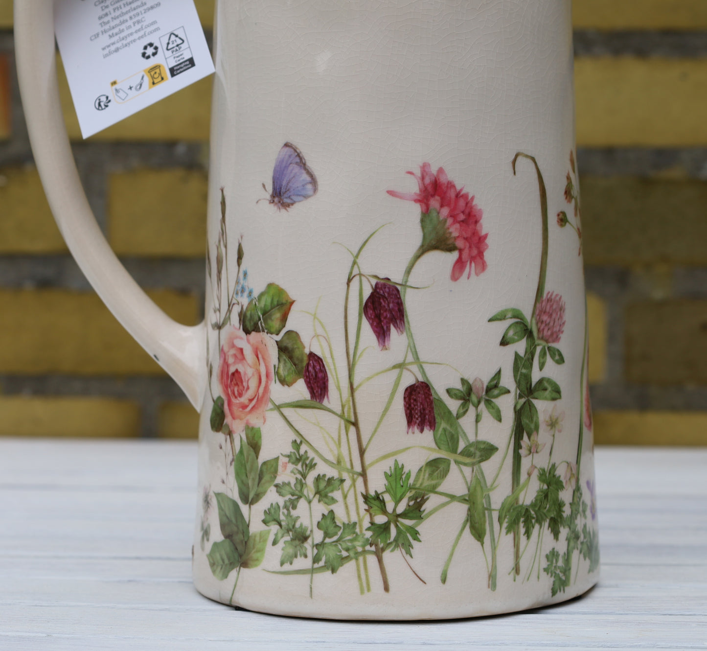 Keramik Krug Beige mit Frühlingswiesen-Motiv - Vase Landhausstil