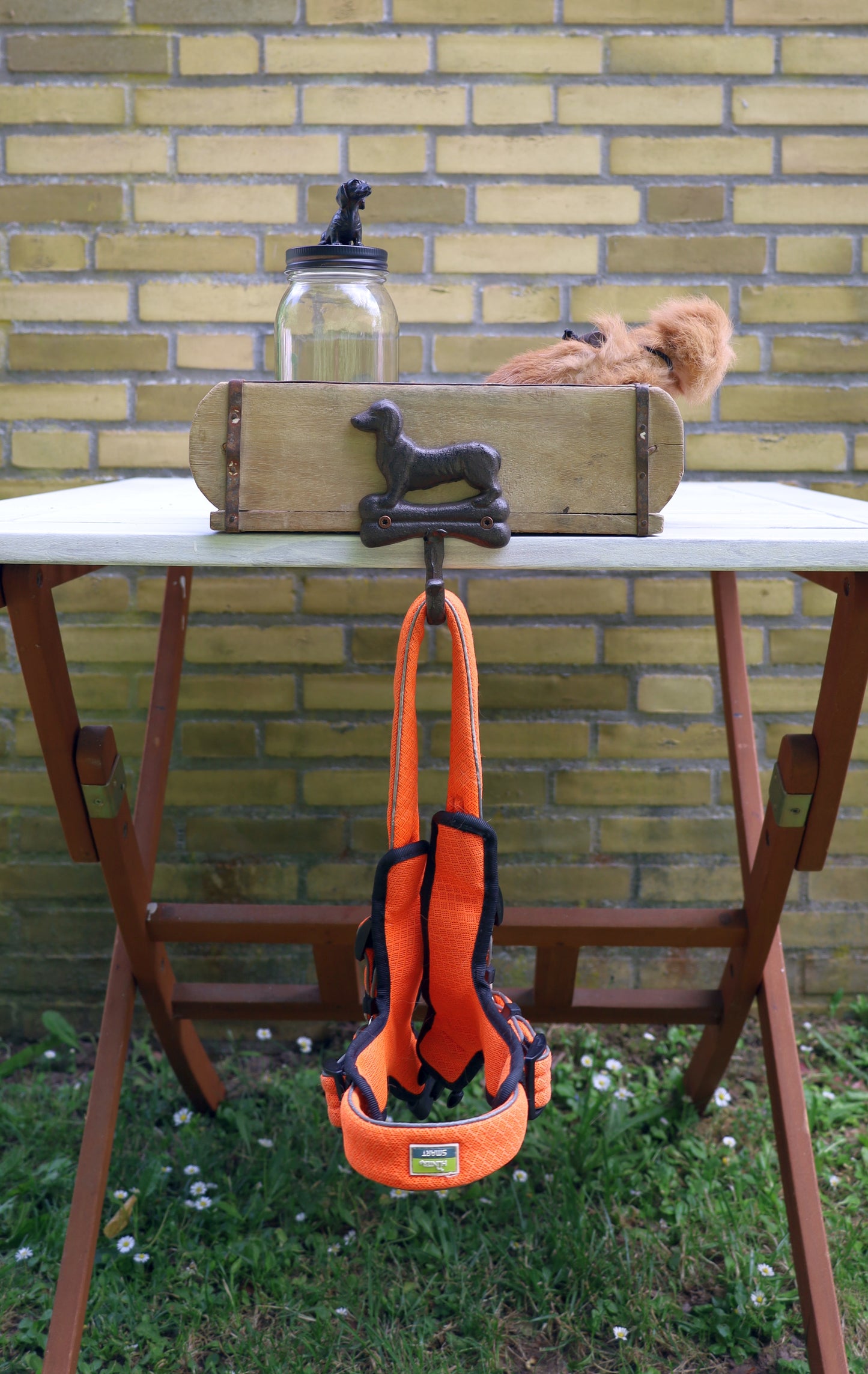 Hundegarderobe Wandhaken mit Leckerli-Glas - Vintage Ziegelform Holz