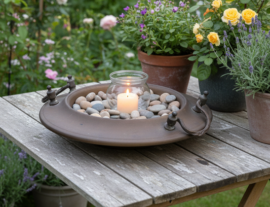 Original vintage Kohlenpfanne aus Kupfer mit Patina, Gartendekoration im Shabby Chic Stil