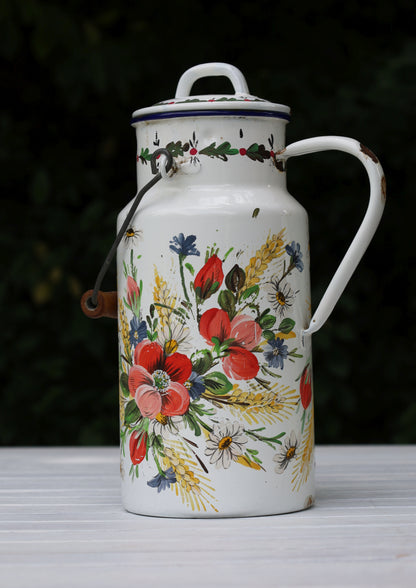 Vintage Emaille-Milchkanne mit Bauernmalerei {{ Shabby Chic und Landhaus Deko }} {{ www.Stein-Alt.de }}