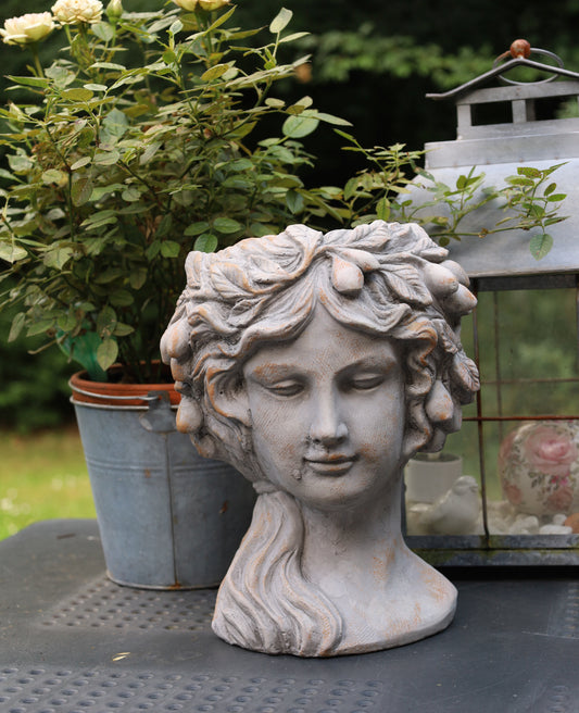 Pflanztopf Frauenbüste Steinguss 22x20x30 cm - Grau Shabby Chic Garten Deko