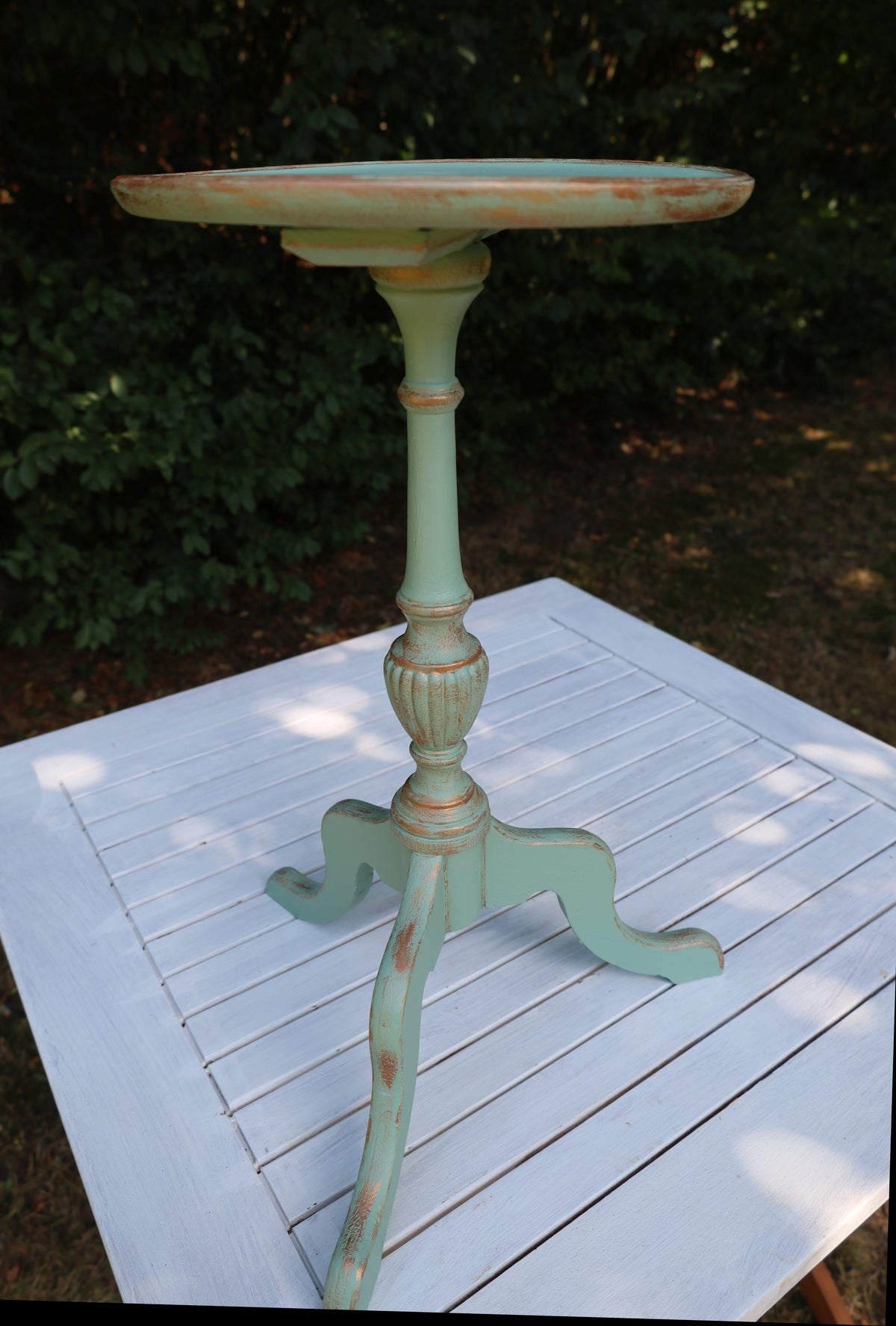 Vintage Pflanzenständer / Blumenhocker aus Holz in Mintgrün {{ Shabby Chic und Landhaus Deko }} {{ www.Stein-Alt.de }}