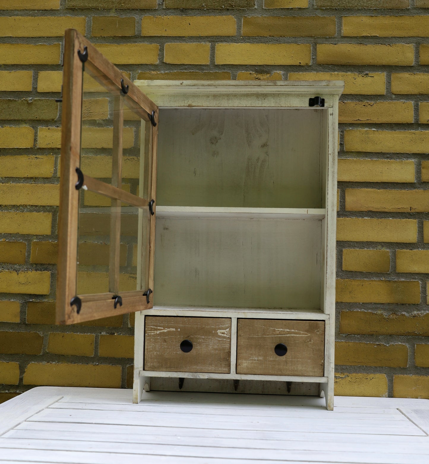 Wandschrank mit Haken und Schubladen Holz Braun-Weiß Landhausstil