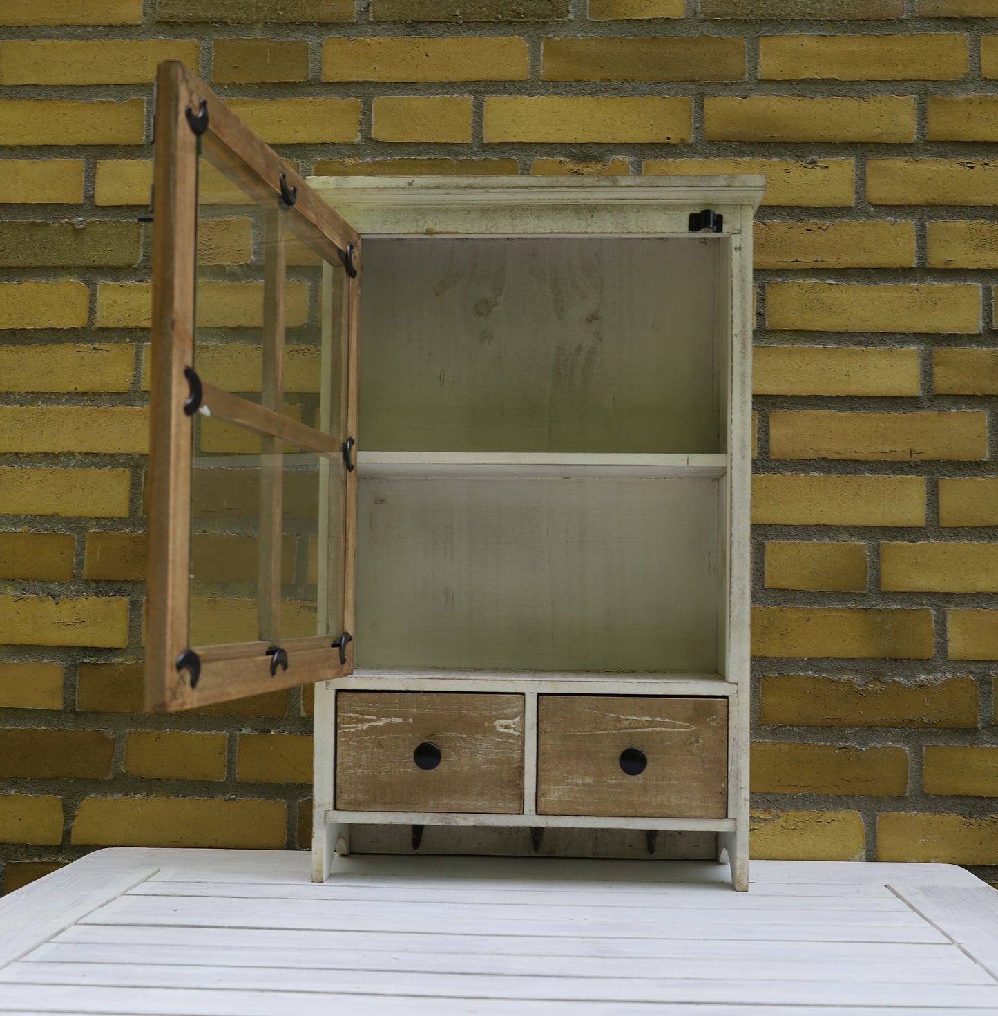 Wandschrank mit Haken und Schubladen Holz Braun-Weiß Landhausstil