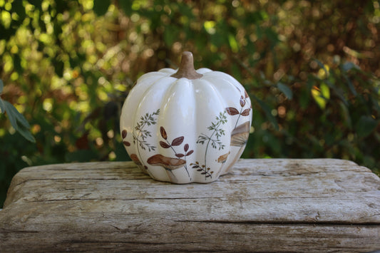 Keramik-Kürbis mit Pilz-Motiv Beige-Braun - Herbstdeko Landhausstil