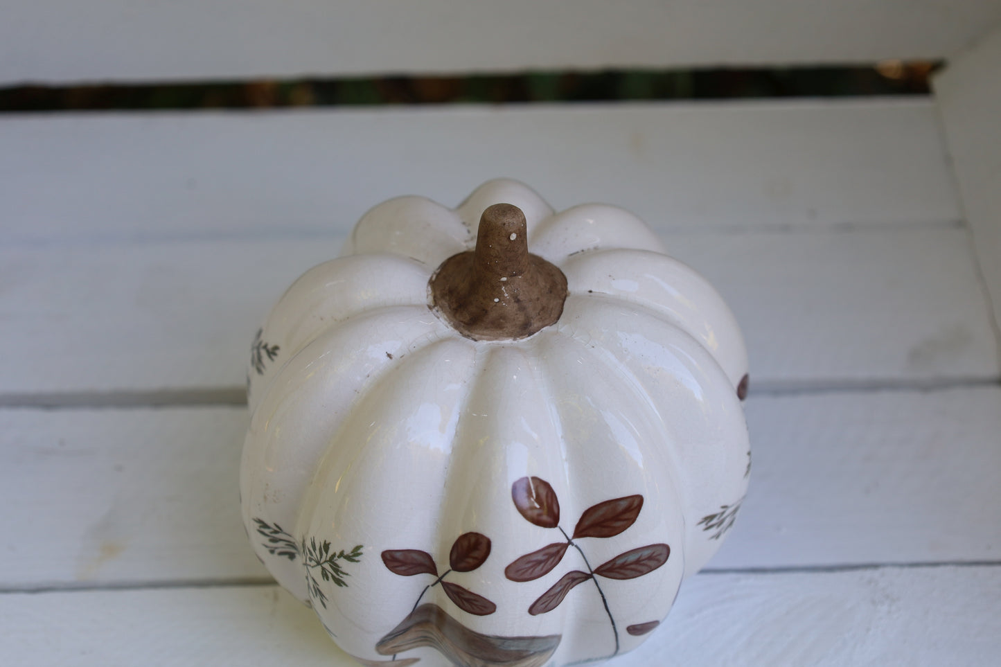 Keramik-Kürbis mit Pilz-Motiv Beige-Braun - Herbstdeko Landhausstil