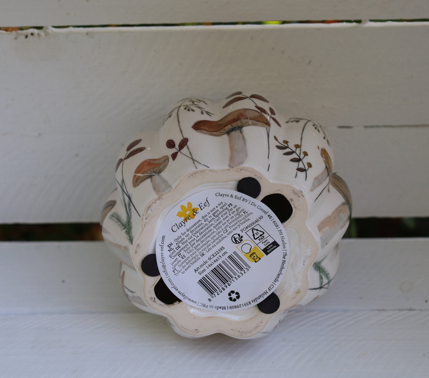 Keramik-Kürbis mit Pilz-Motiv Beige-Braun - Herbstdeko Landhausstil