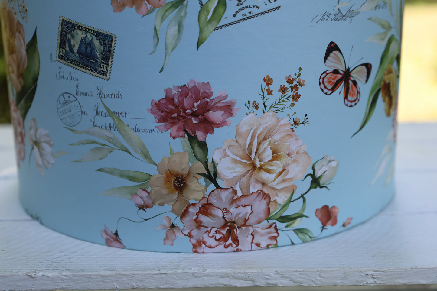 Aufbewahrungsboxen Blumen 3er Set - Runde Pappboxen Blau Landhausstil