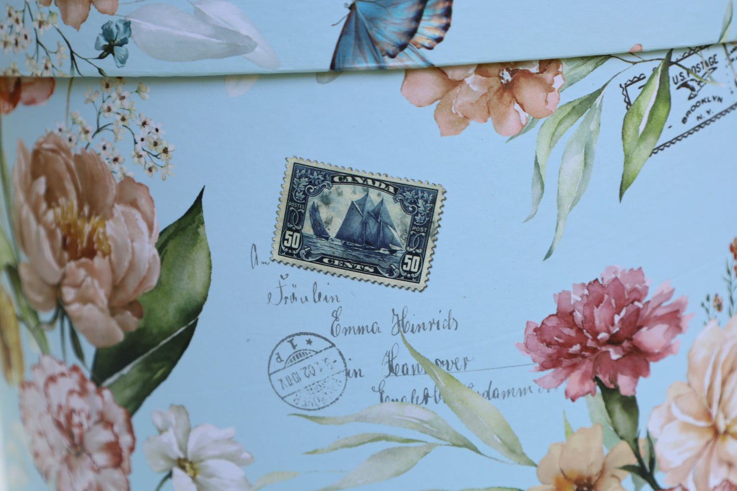 Aufbewahrungsboxen Blumen 3er Set - Runde Pappboxen Blau Landhausstil