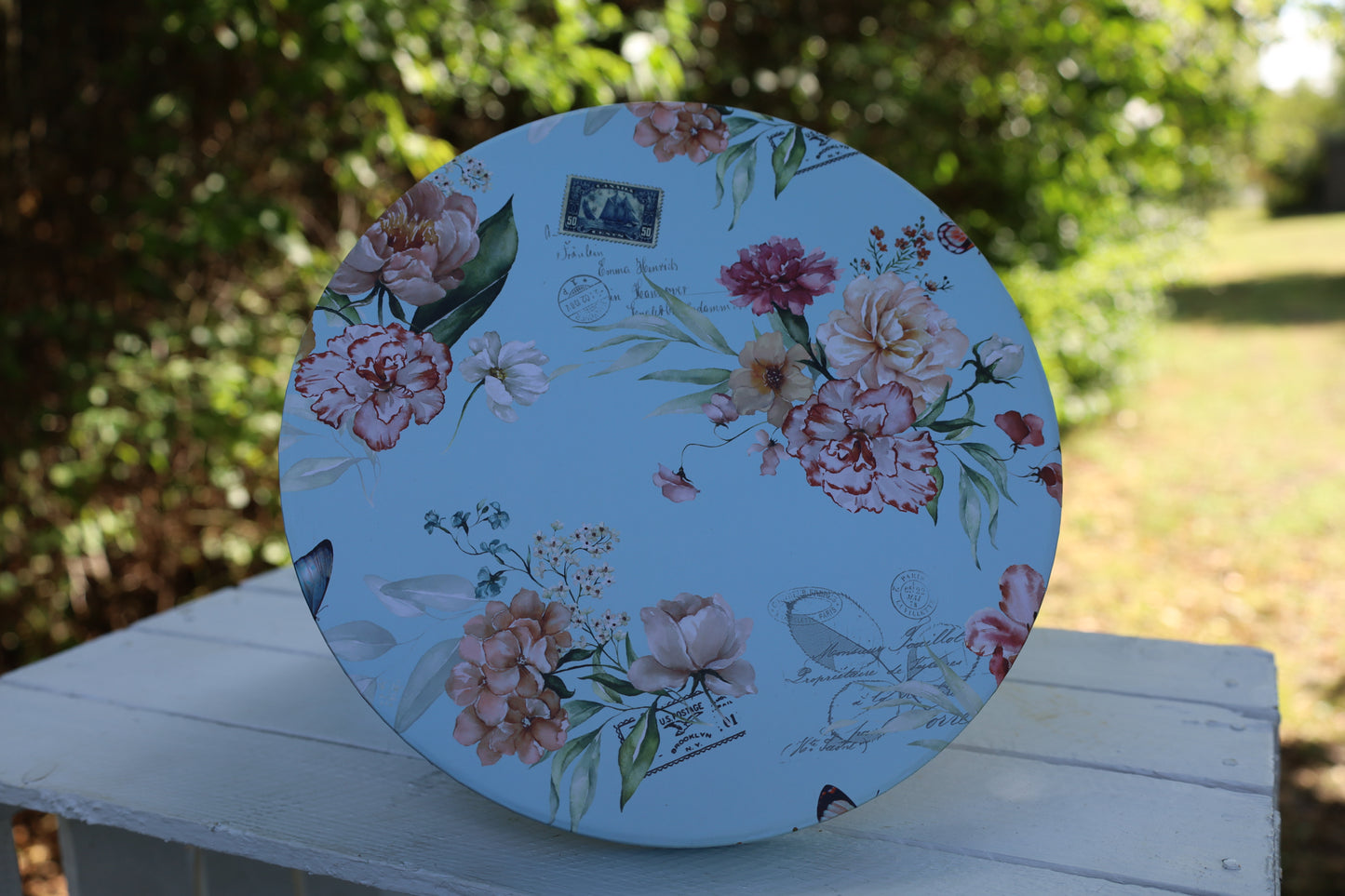 Aufbewahrungsboxen Blumen 3er Set - Runde Pappboxen Blau Landhausstil