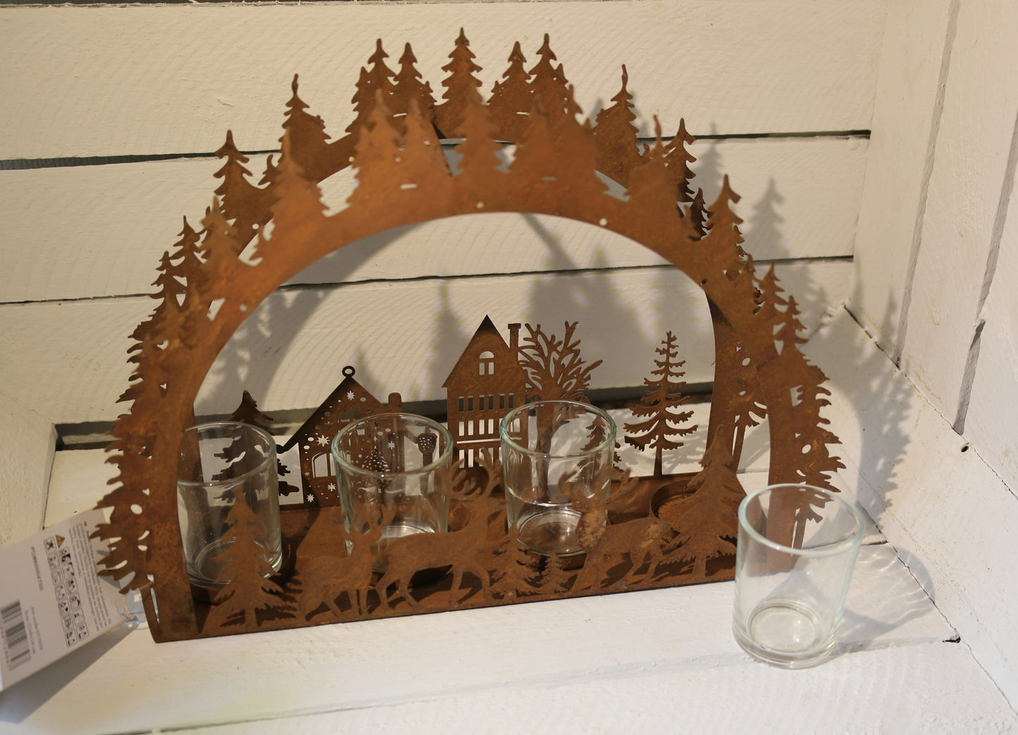 Adventskranz / Teelichthalter in Rostoptik aus Metall, Winterlandschaft