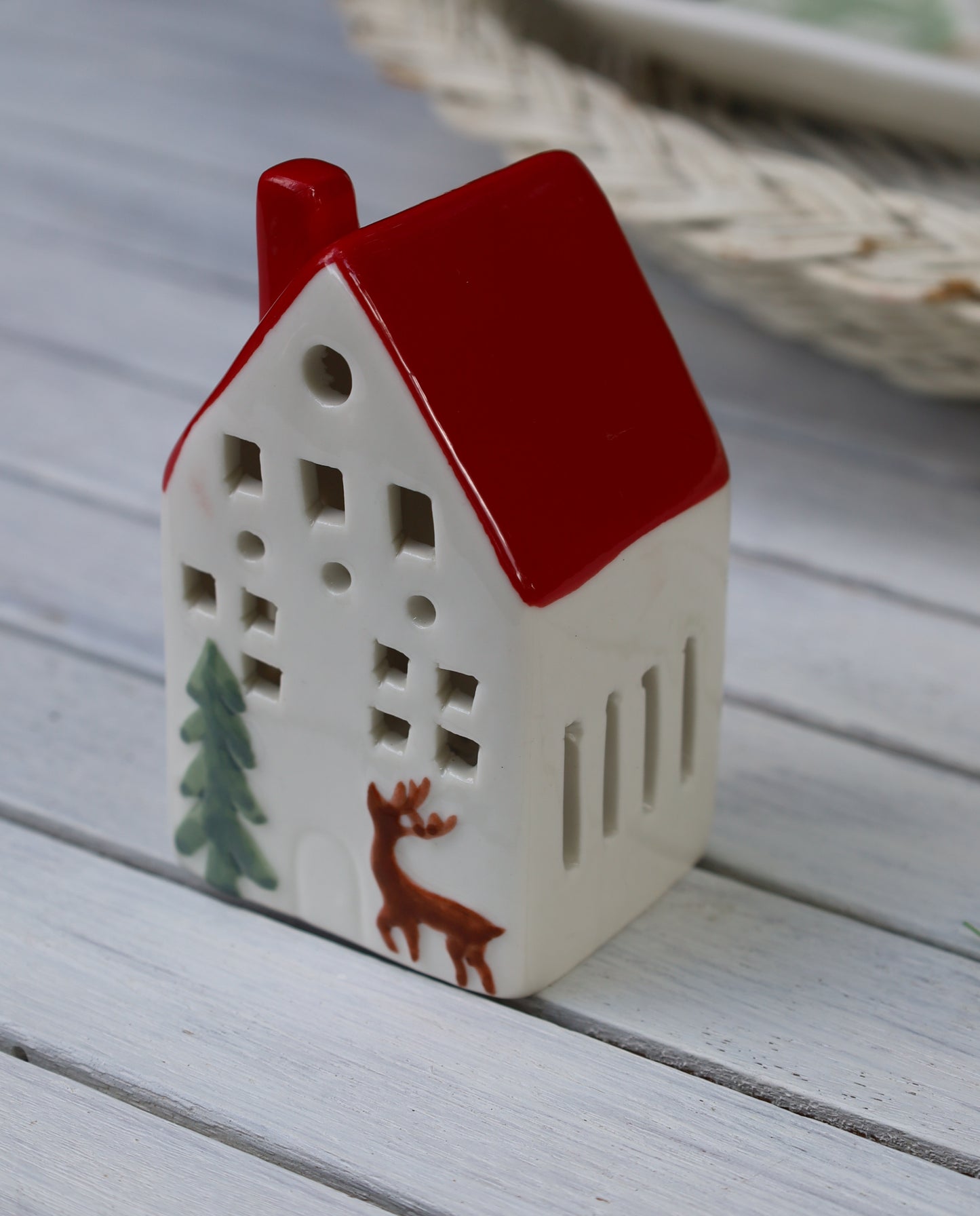 LED Lichterhaus Keramik Weiß - Winterliches Häuschen 6x5x10cm