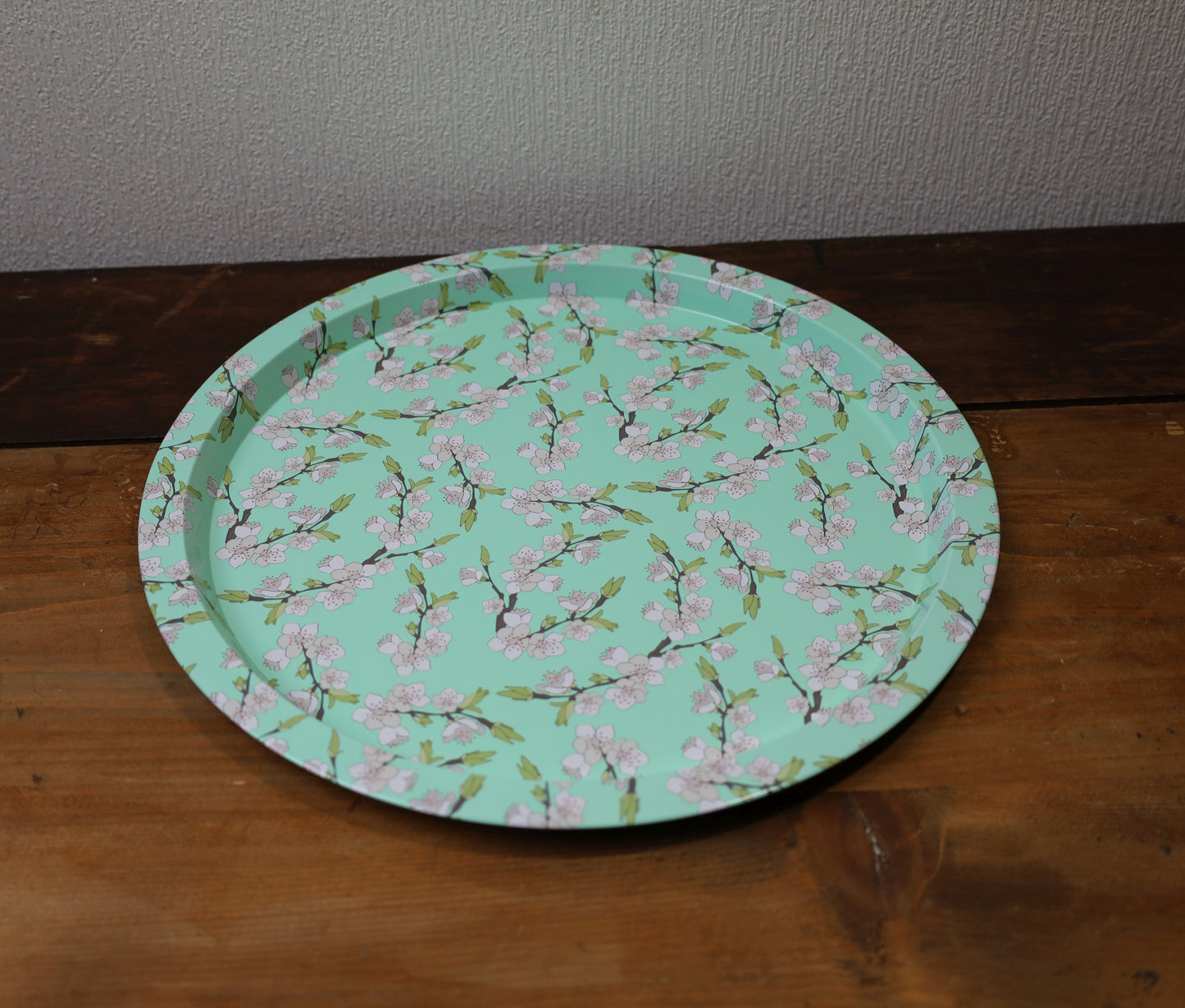 Rundes Metalltablett Grün Ø 32 cm - Blumenmotiv Landhaus-Stil