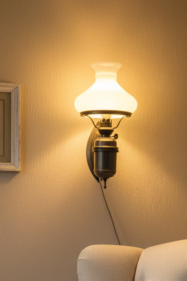Vintage Wandleuchte aus Zinn Silber mit weißem Glasschirm – Nostalgische Petroleumlampe