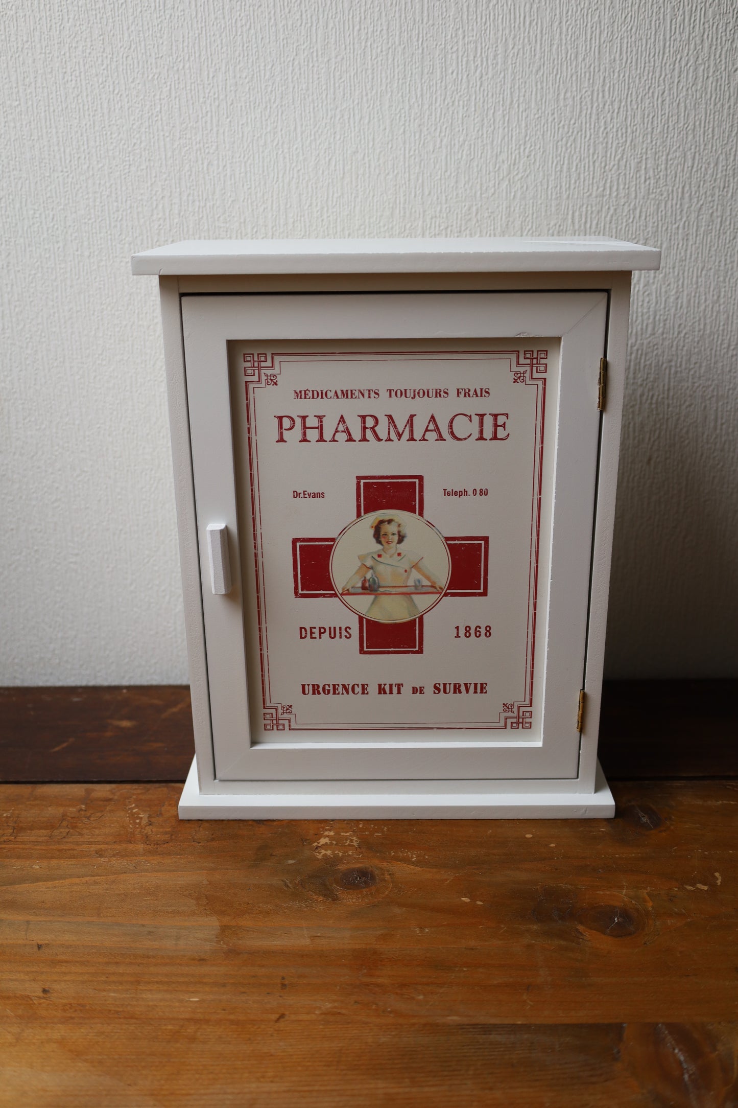 Wooden medicine cabinet, white and red - vintage apothecary cabinet, country style 