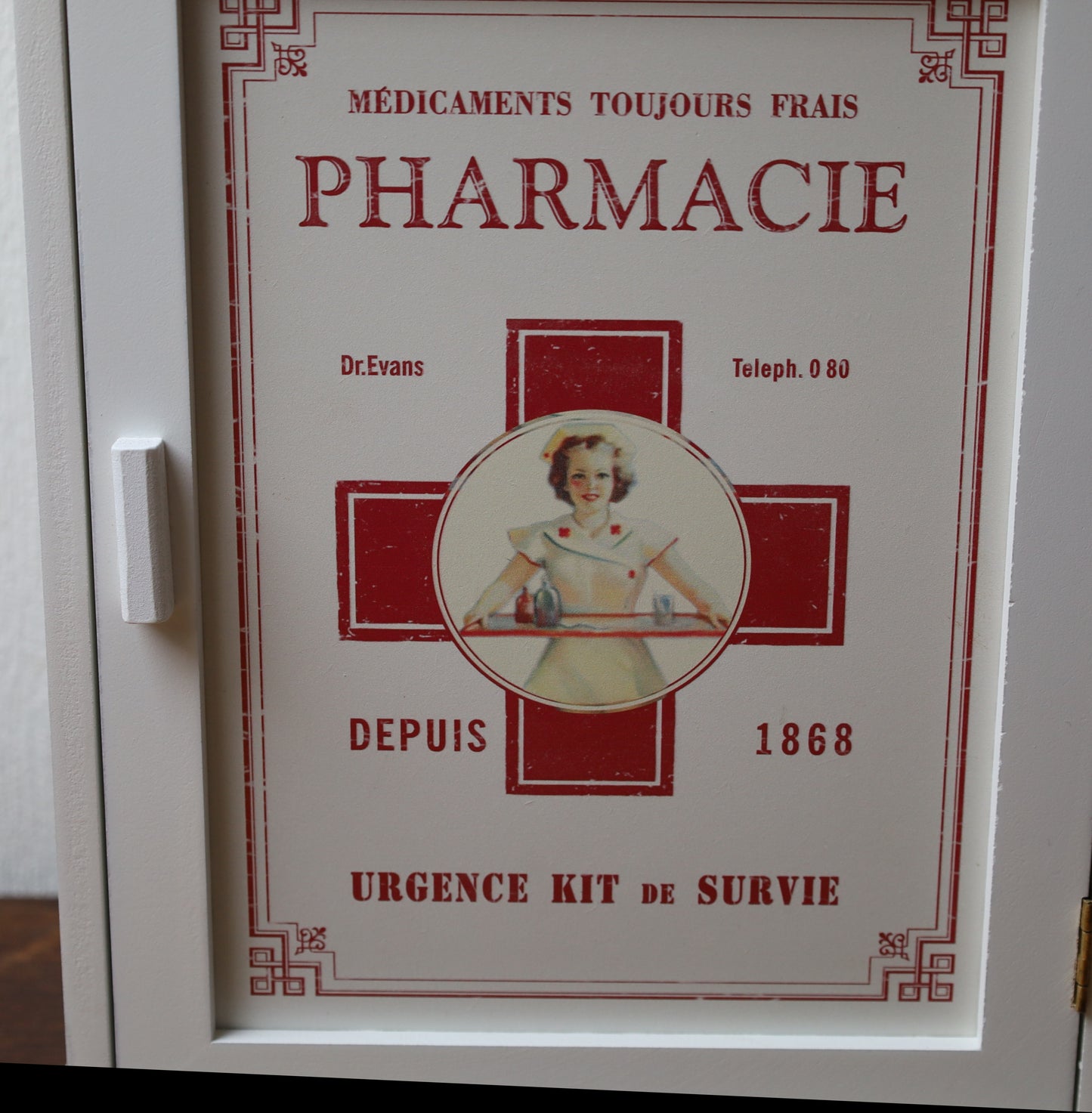Wooden medicine cabinet, white and red - vintage apothecary cabinet, country style 