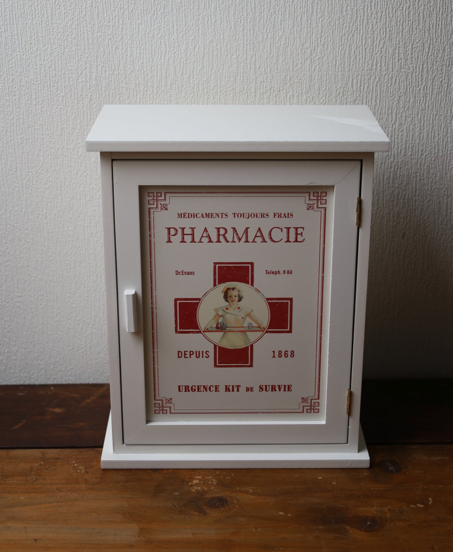 Wooden medicine cabinet, white and red - vintage apothecary cabinet, country style 