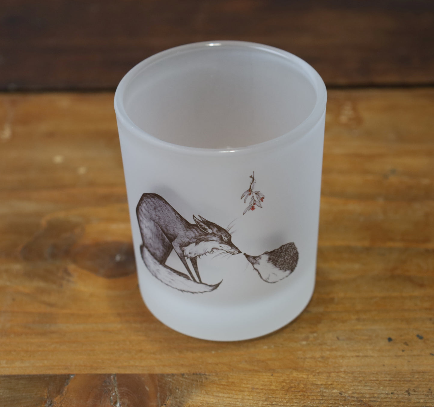 Windlicht aus satiniertem Glas mit tierischen und floralen Motiven
