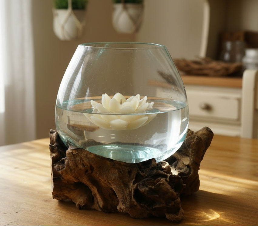 Glasvase auf Wurzelholz - Dekorative Schale Landhaus Deko