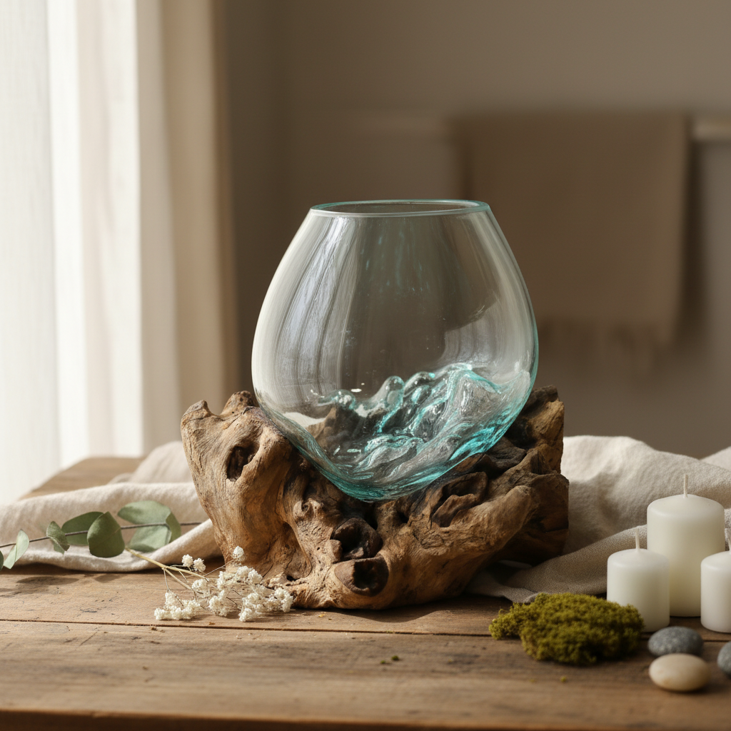 Glasvase auf Wurzelholz - Dekorative Schale Landhaus Deko