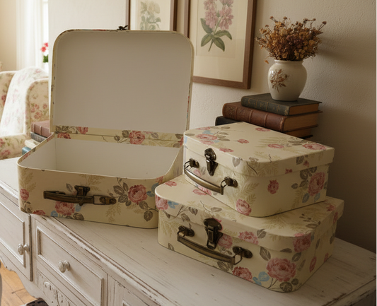 Set di 3 valigie decorative, scatole, contenitori, bauli, fiori, giallo/beige