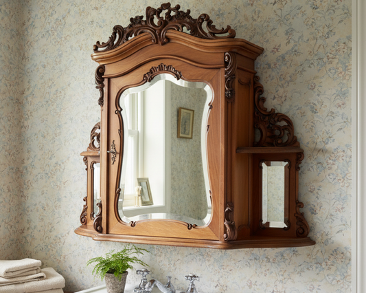 Antiker Spiegelschrank Louis-Philipp aus Nussbaum mit facettierten Spiegeln und Rokoko-Schnitzwerk