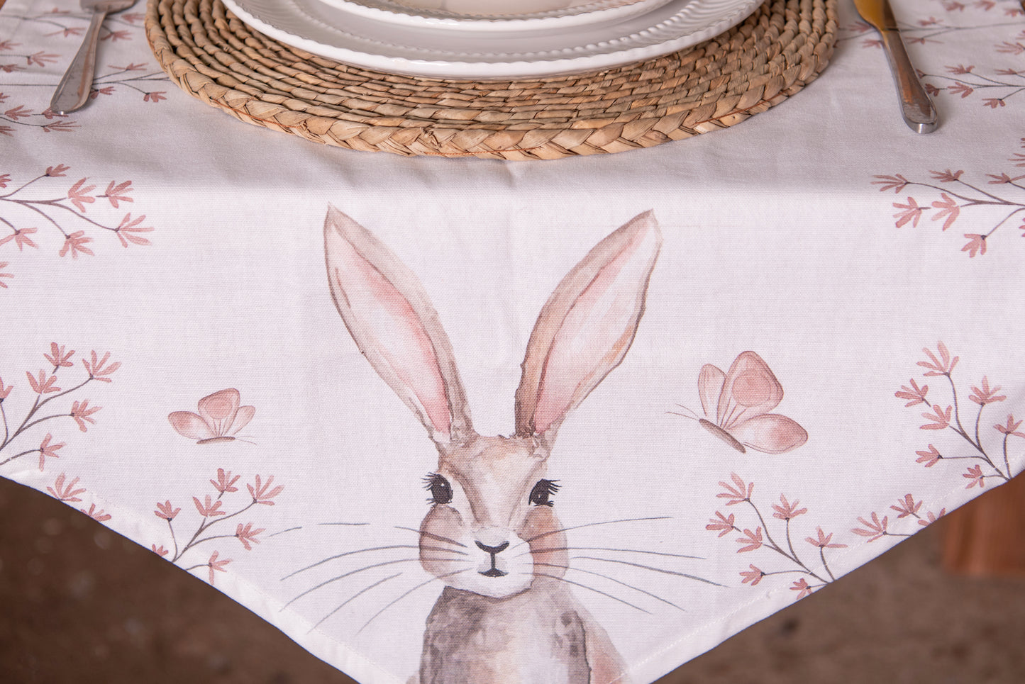 Tablecloth Easter Cotton White Beige Bunny Rabbit Spring