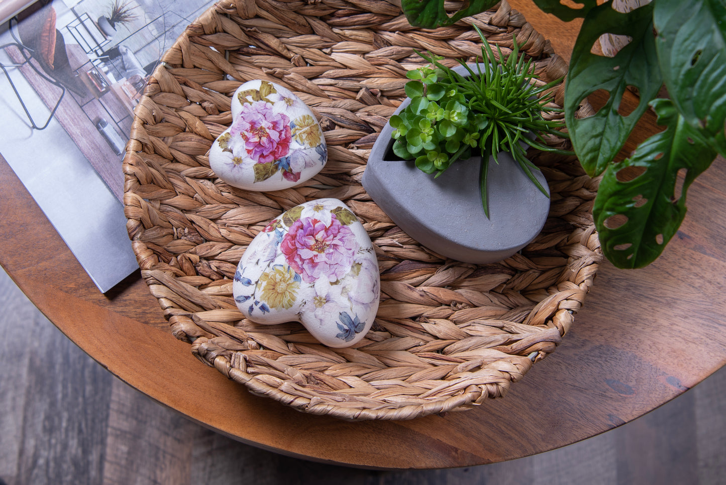 Keramik Herz mit Pfingstrosen - Vintage Deko Rosa Shabby Chic