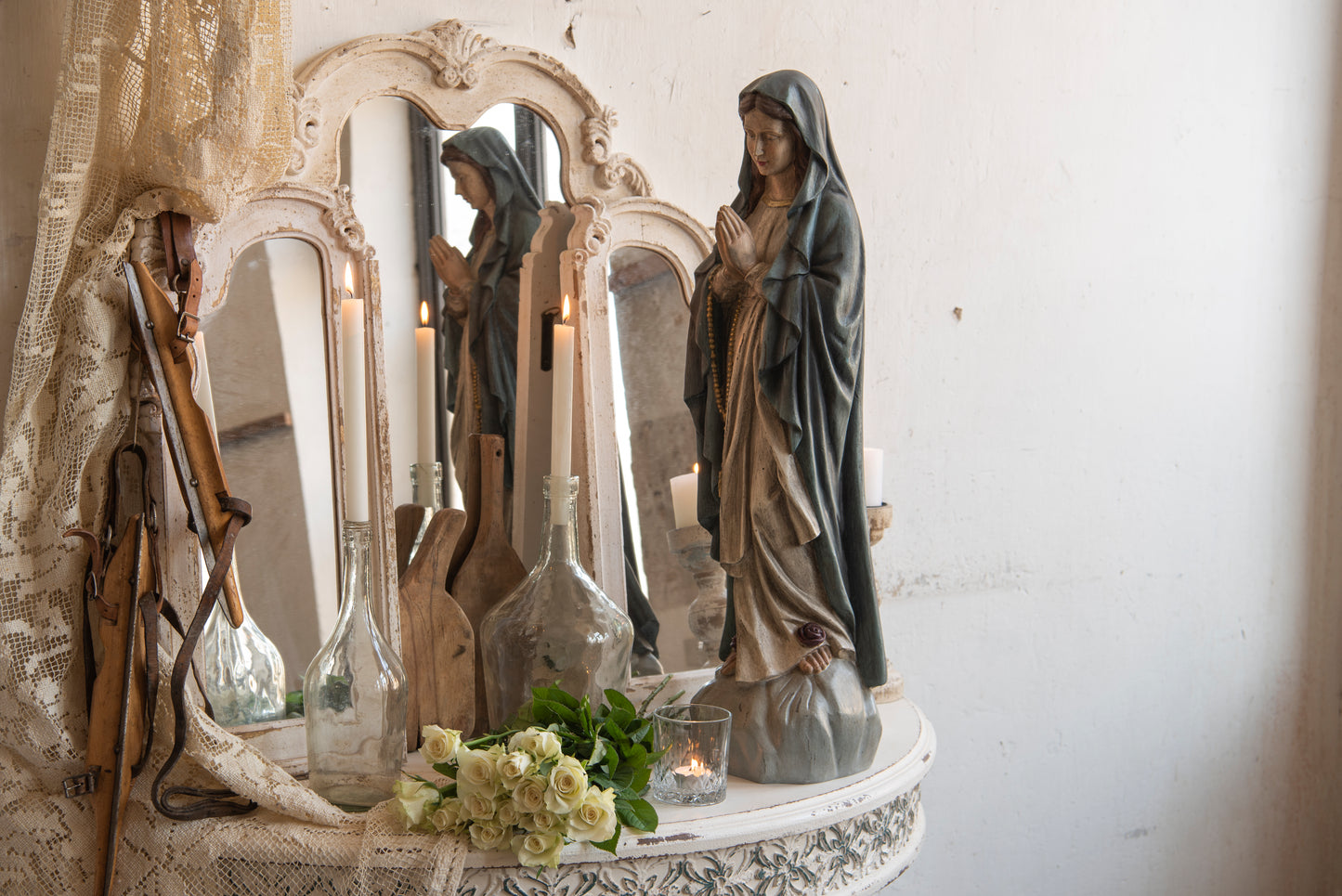 Dreiflügeliger Barock-Spiegel Weiß Holz 122x84 cm - Shabby Chic Wandspiegel Landhaus