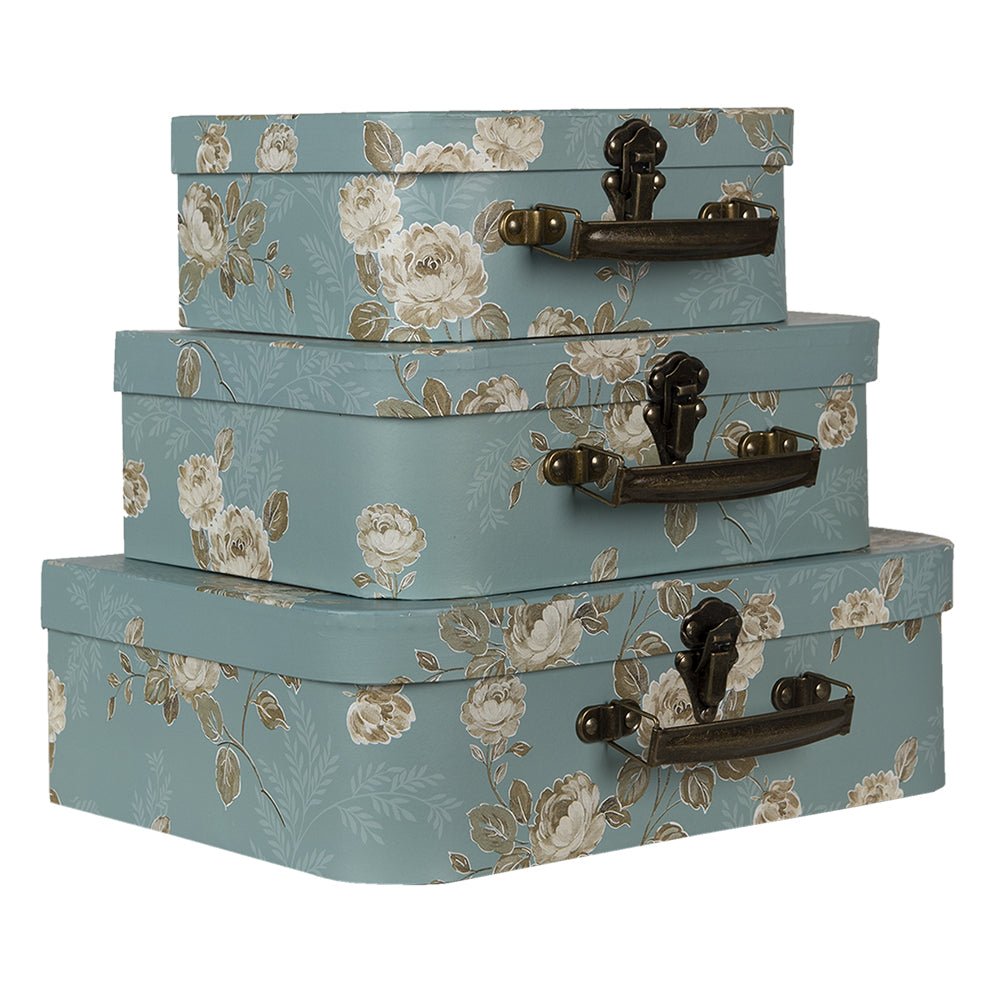 3er Set Deko-Koffer mit Blumenmuster - Aufbewahrungsboxen im Landhausstil Blau-Grün {{ Shabby Chic und Landhaus Deko }} {{ www.Stein-Alt.de }}