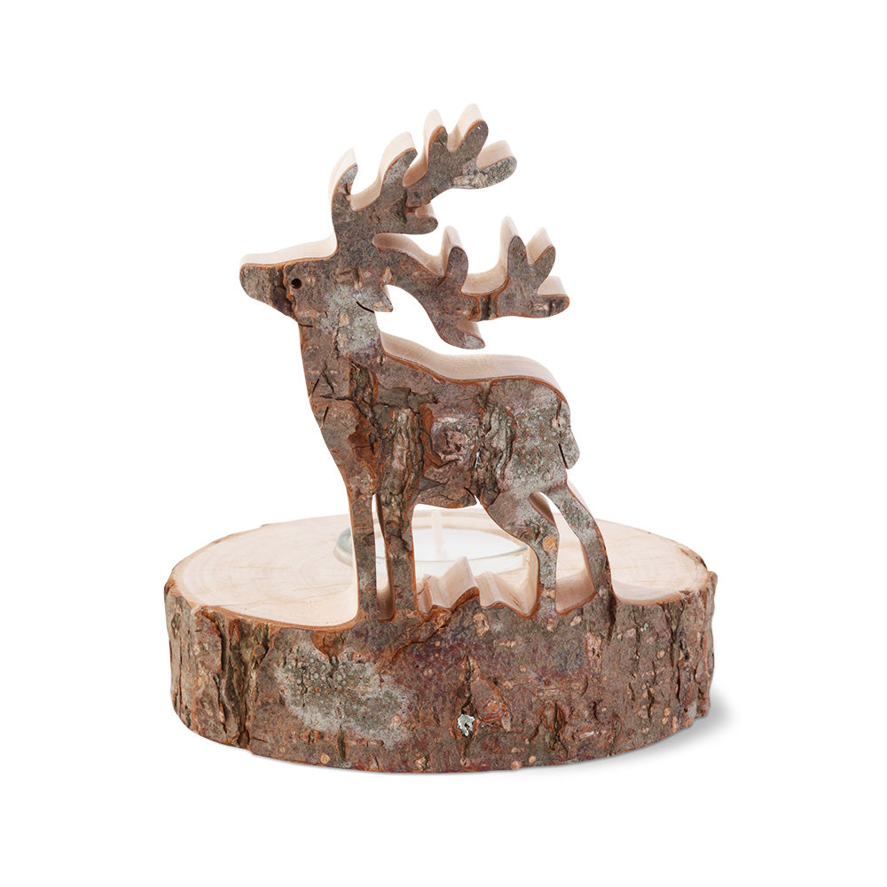Rustikaler Teelichthalter Baumstamm mit Hirsch