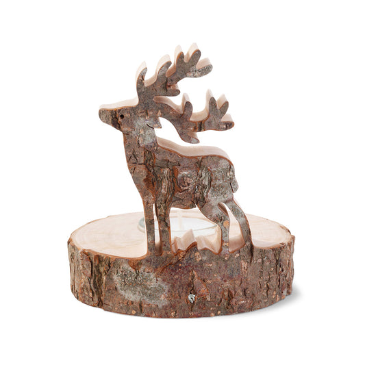 Rustikaler Teelichthalter Baumstamm mit Hirsch
