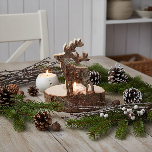 Teelichthalter Baumstamm mit Hirsch - Rustikale Weihnachtsdeko Holz