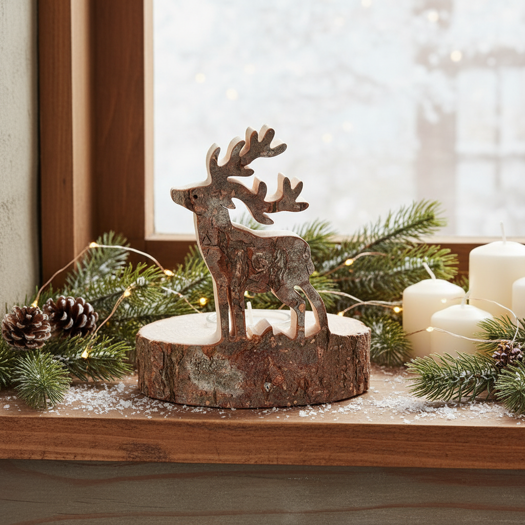 Teelichthalter Baumstamm mit Hirsch - Rustikale Weihnachtsdeko Holz