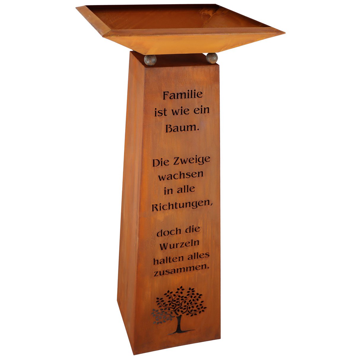 Edelrost Stele mit Schale und Familien-Spruch - Gartendeko für Draußen