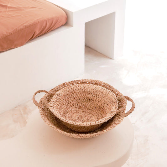 Obstkorb aus Bast Ø 28 cm - Handgeflochtenes Körbchen mit Griffen