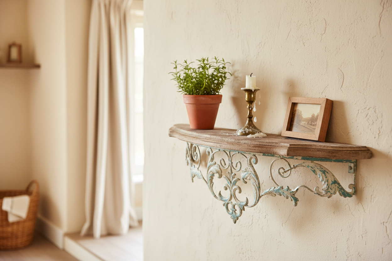 Wandregal Shabby Chic – Schmiedeeisen & Holz, halbrund, 100 cm