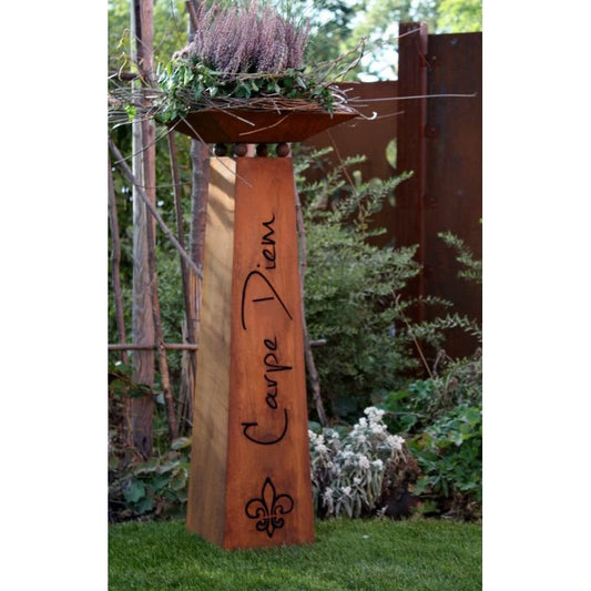 Edelrost Stele Carpe Diem mit Schale - Handgefertigt - Beleuchtbar - Gartendeko Shabby Chic