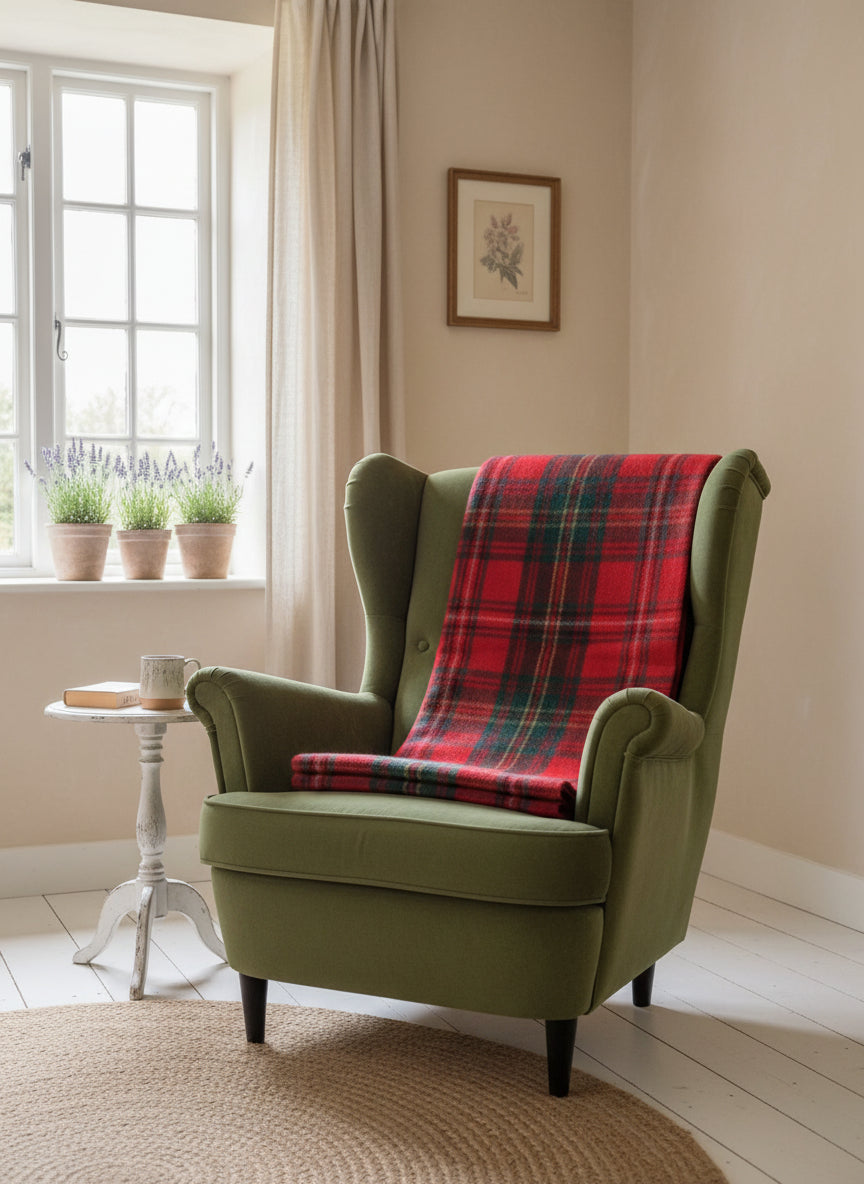 Wolldecke Schottenkaro 180x150cm - 100% Recycelte Wolle Rot/Grün